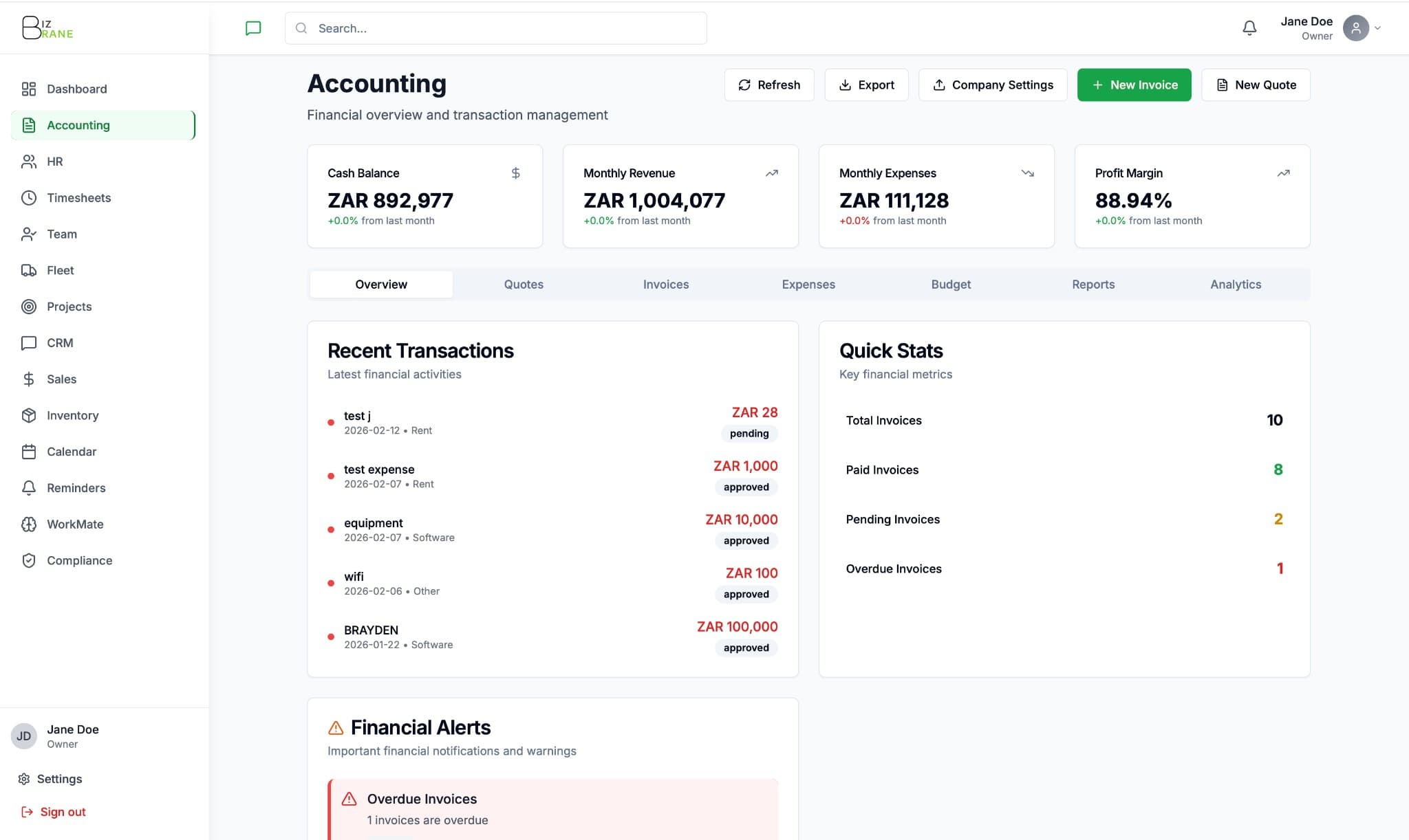 BizBrane Accounting dashboard at app.bizbrane.ai