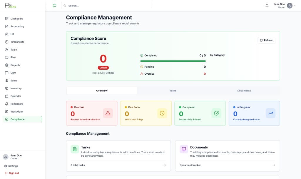 BizBrane Compliance Management dashboard at app.bizbrane.ai