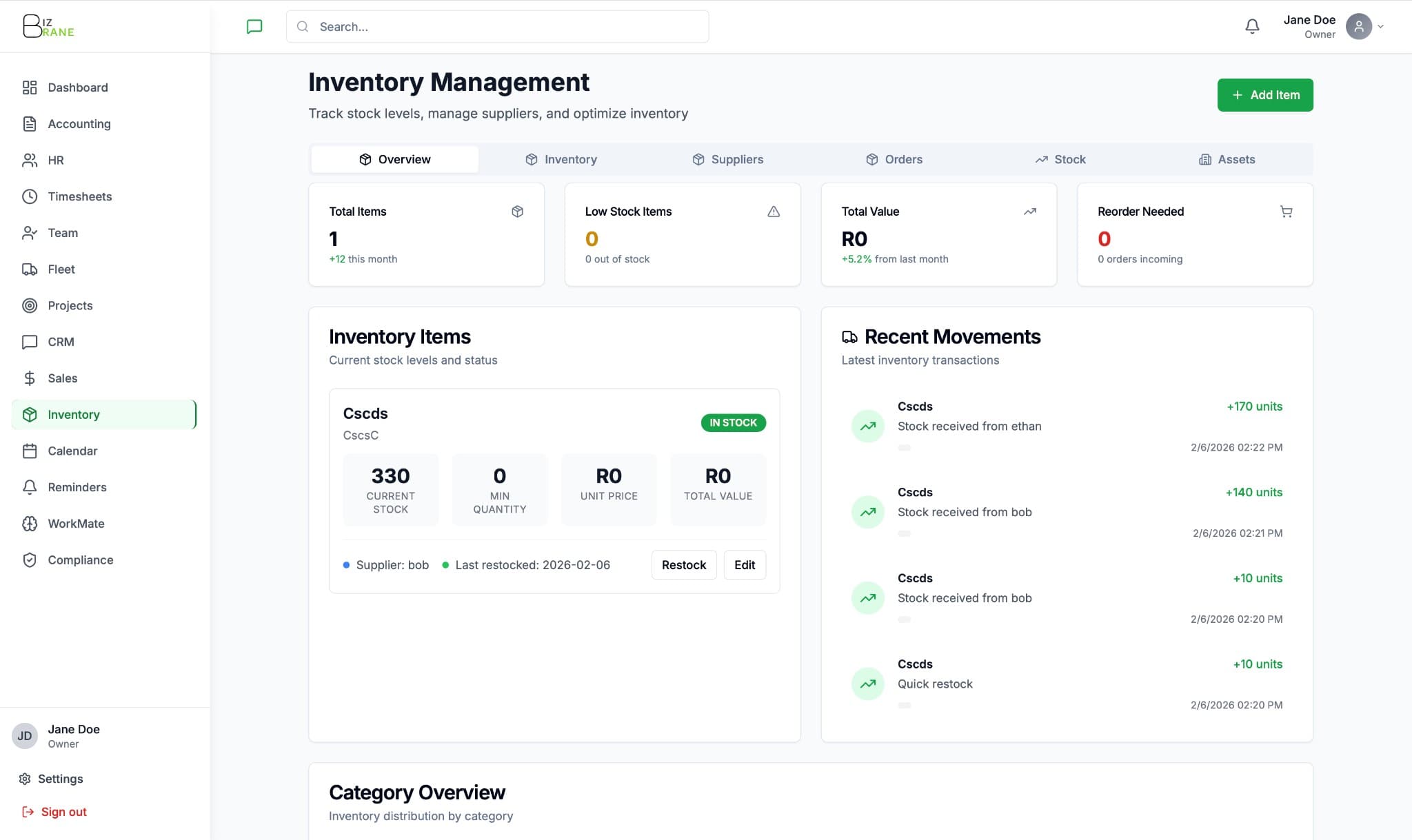 BizBrane Inventory Management dashboard at app.bizbrane.ai