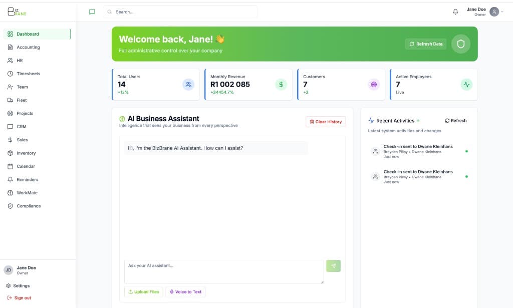BizBrane Owner Dashboard at app.bizbrane.ai