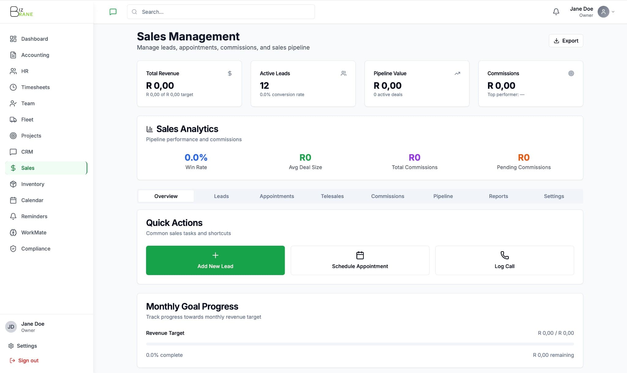 BizBrane Sales Management dashboard at app.bizbrane.ai