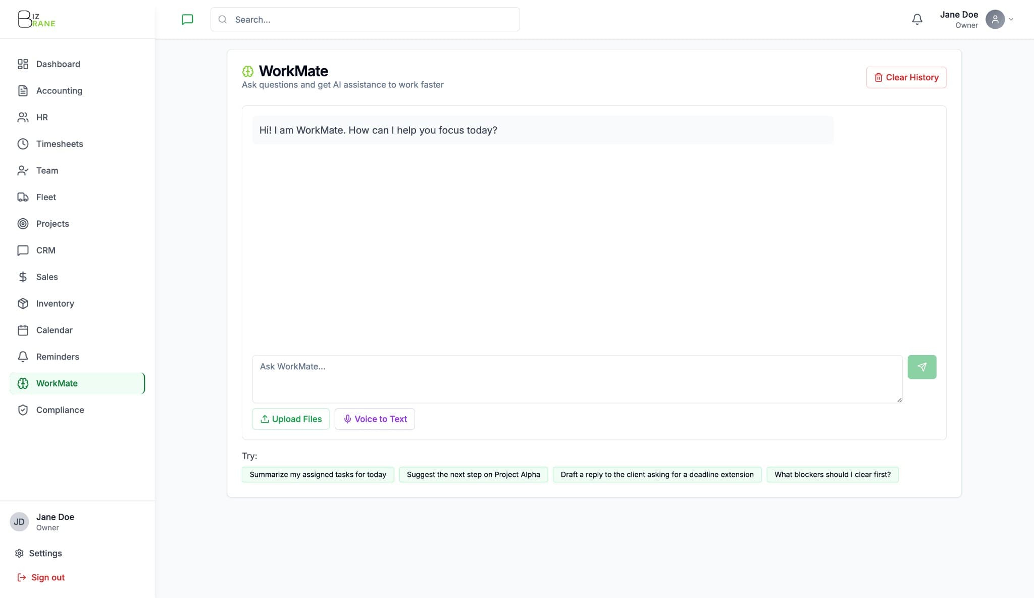 BizBrane WorkMate AI assistant at app.bizbrane.ai
